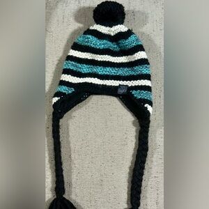 Striped Pom-Pom Hat with Ear Flaps - Black, White, and Teal
